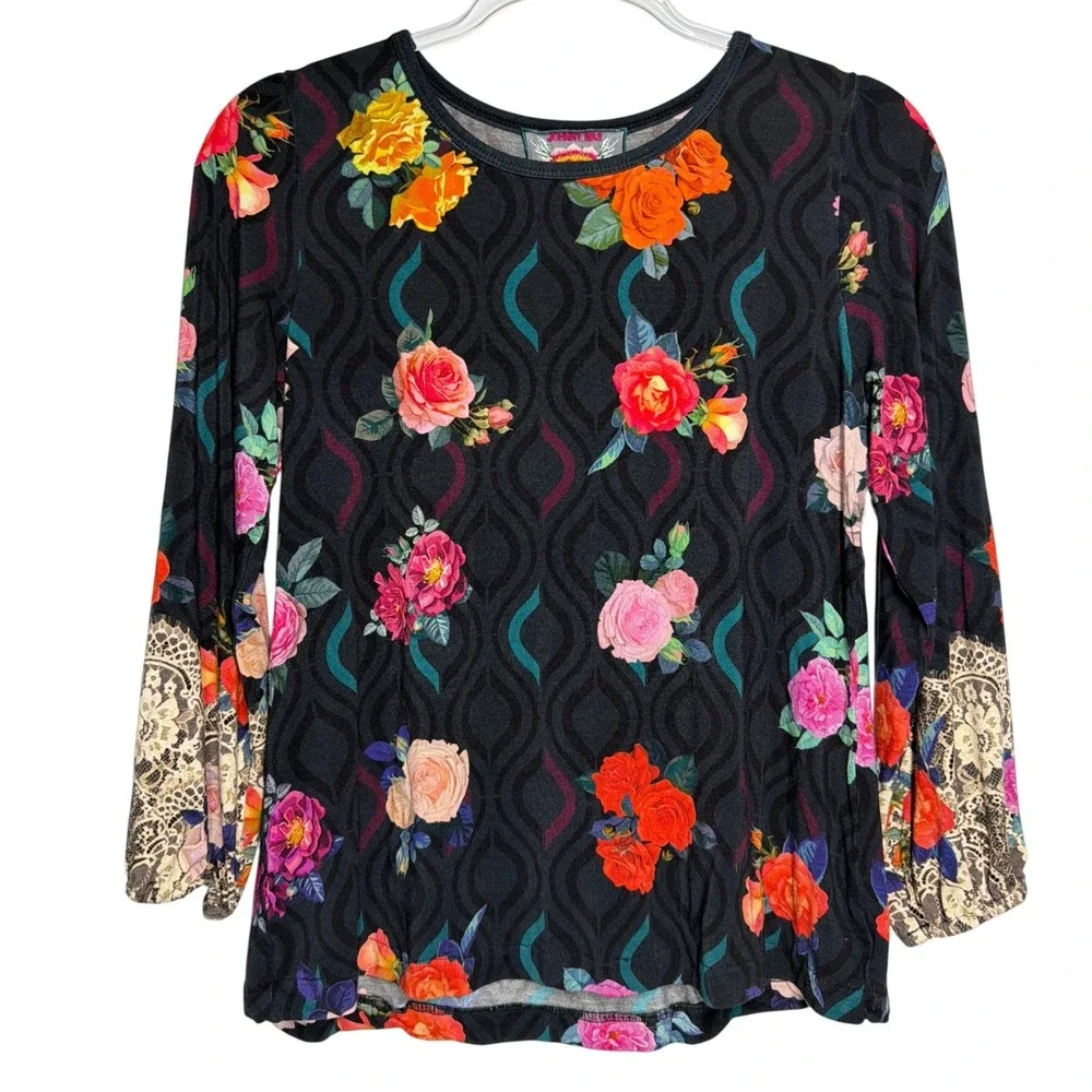 Johnny Was Floral Lace Cuff Long Sleeve Top Black Rose Geometric M18223-6 XS